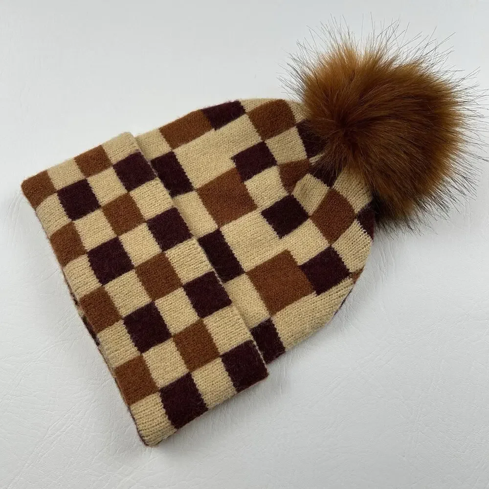Women’s Checkered Knit Beanie Hat Faux Fur Pom Brown Tan One Size Winter Cap